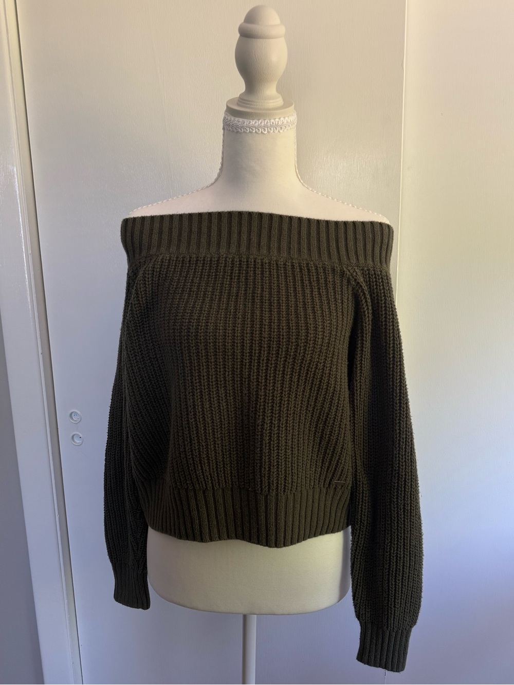 Hollister Olive Off-the-Shoulder Ribbed Knit Sweater